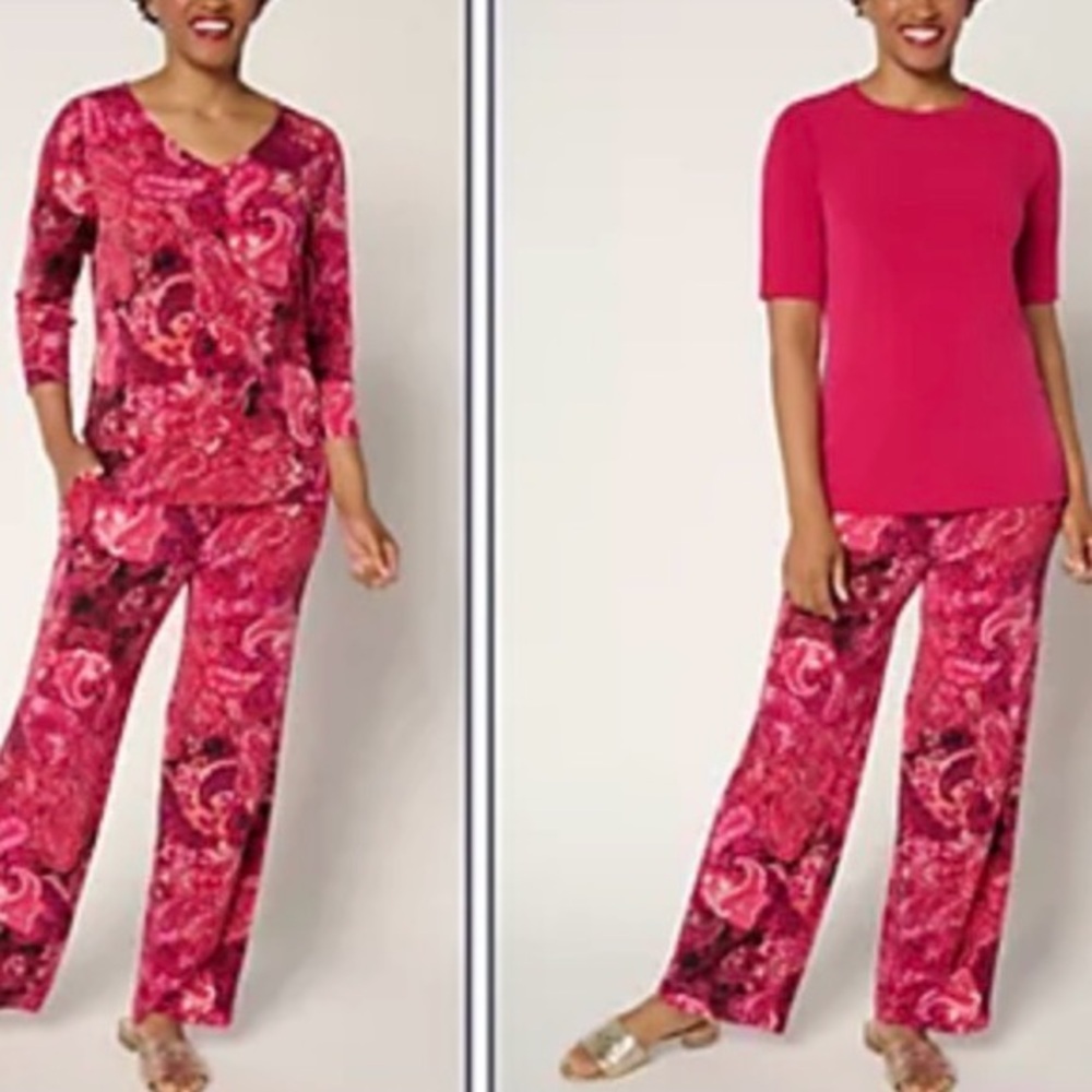 New Susan Graver Set of 2 Liquid Knit Print & Solid Tops Paisley/Rose L A697848 - Picture 3 of 9